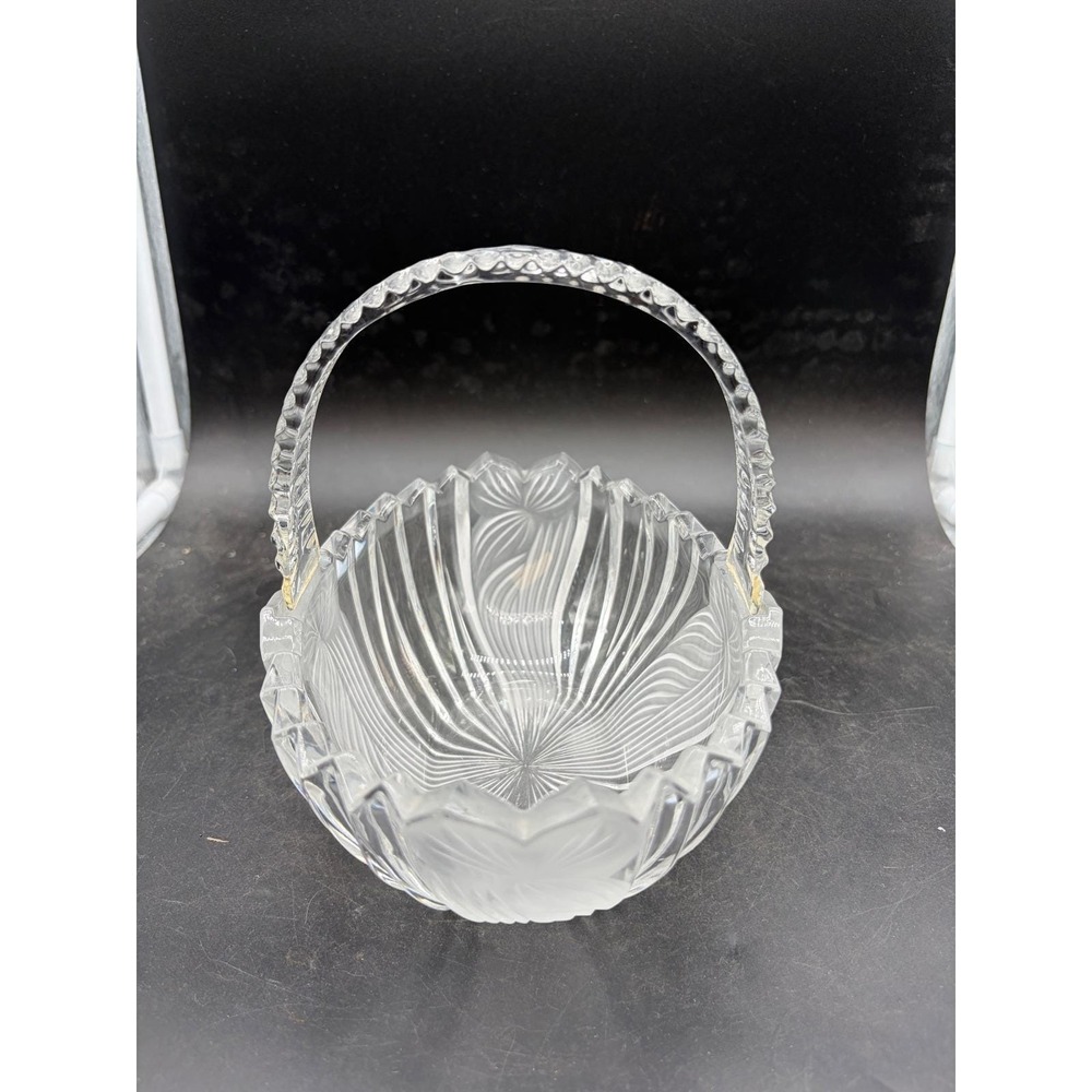 Vintage Frosted and Clear Crystal Glass‎ Basket Ribbed Scalloped Bowl As-Is